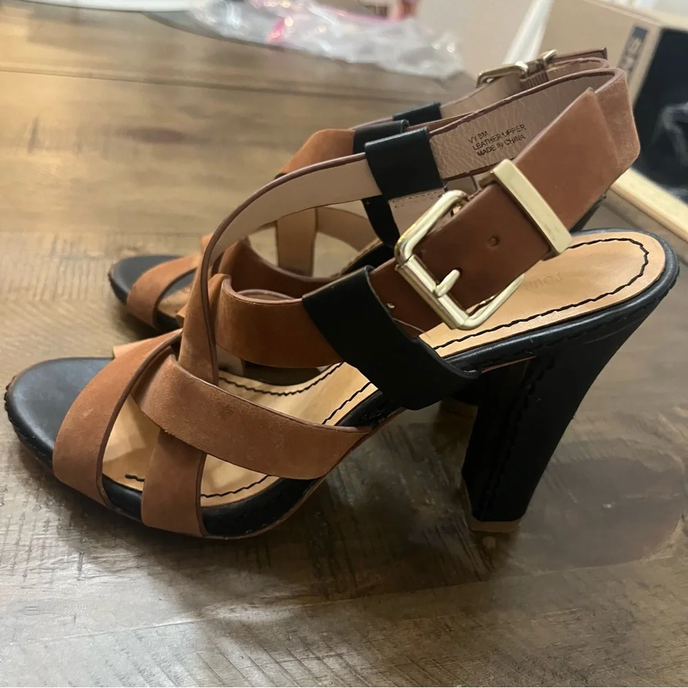 Pour La Victoire Brown/ Black Strappy Sandal High Heels Womens Size 8.5‎ M